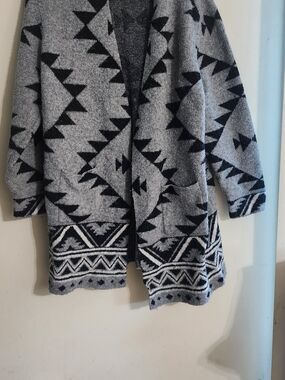 FRYE Gray Black Aztec Southwestern Open Front Cardigan Sweater Pocket Plus Size